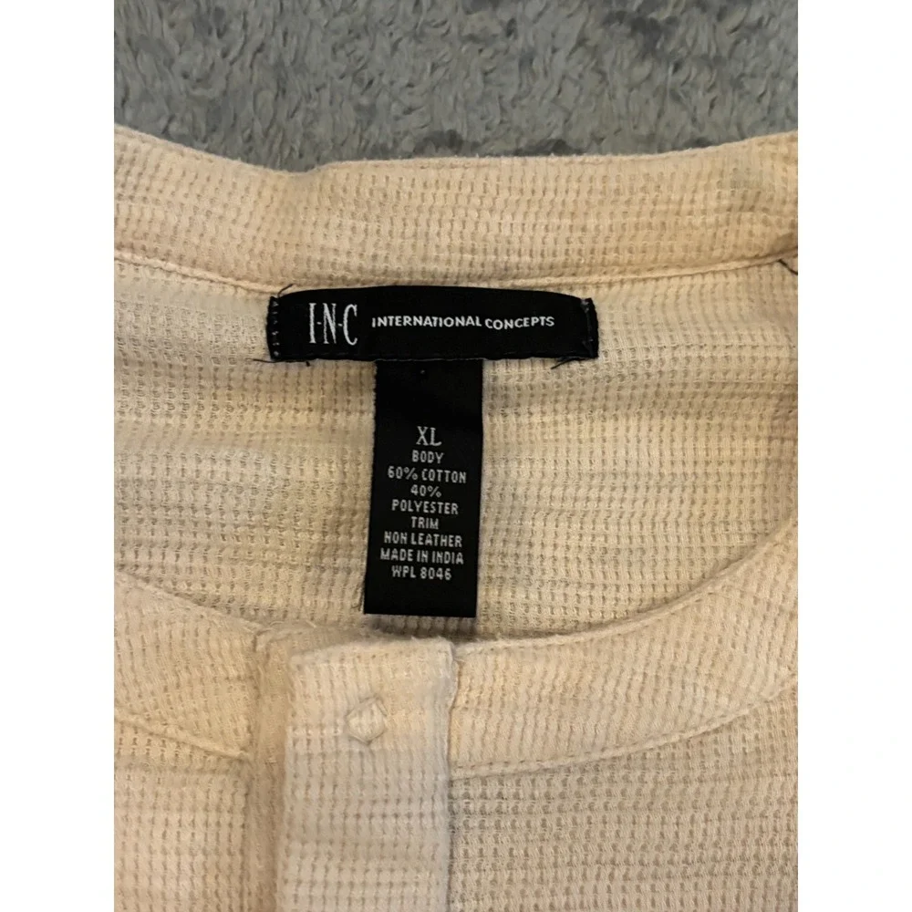 I.N.C Henley Shirt Mens XL Beige Zipper Chest Pocket Sueded Shoulder Waffle Knit